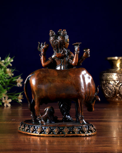 Pure Brass Superfine Dattatraya with cow and dog Idol - Hollow Casting, 5.5" chola brown tone