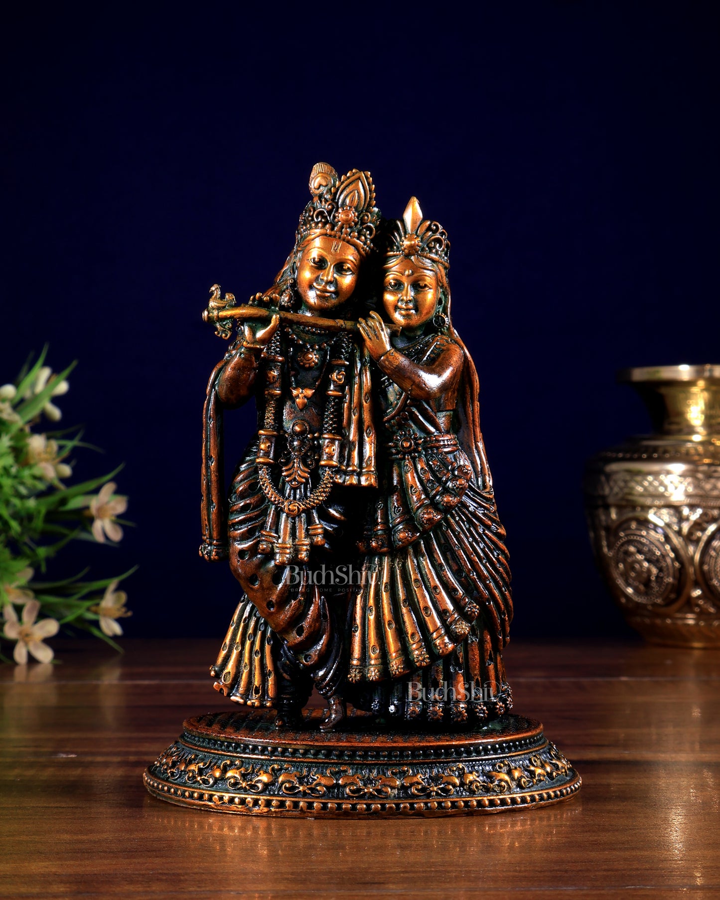 Intricate Lightweight Brass Radha Krishna Idol - 5" chola brown tone
