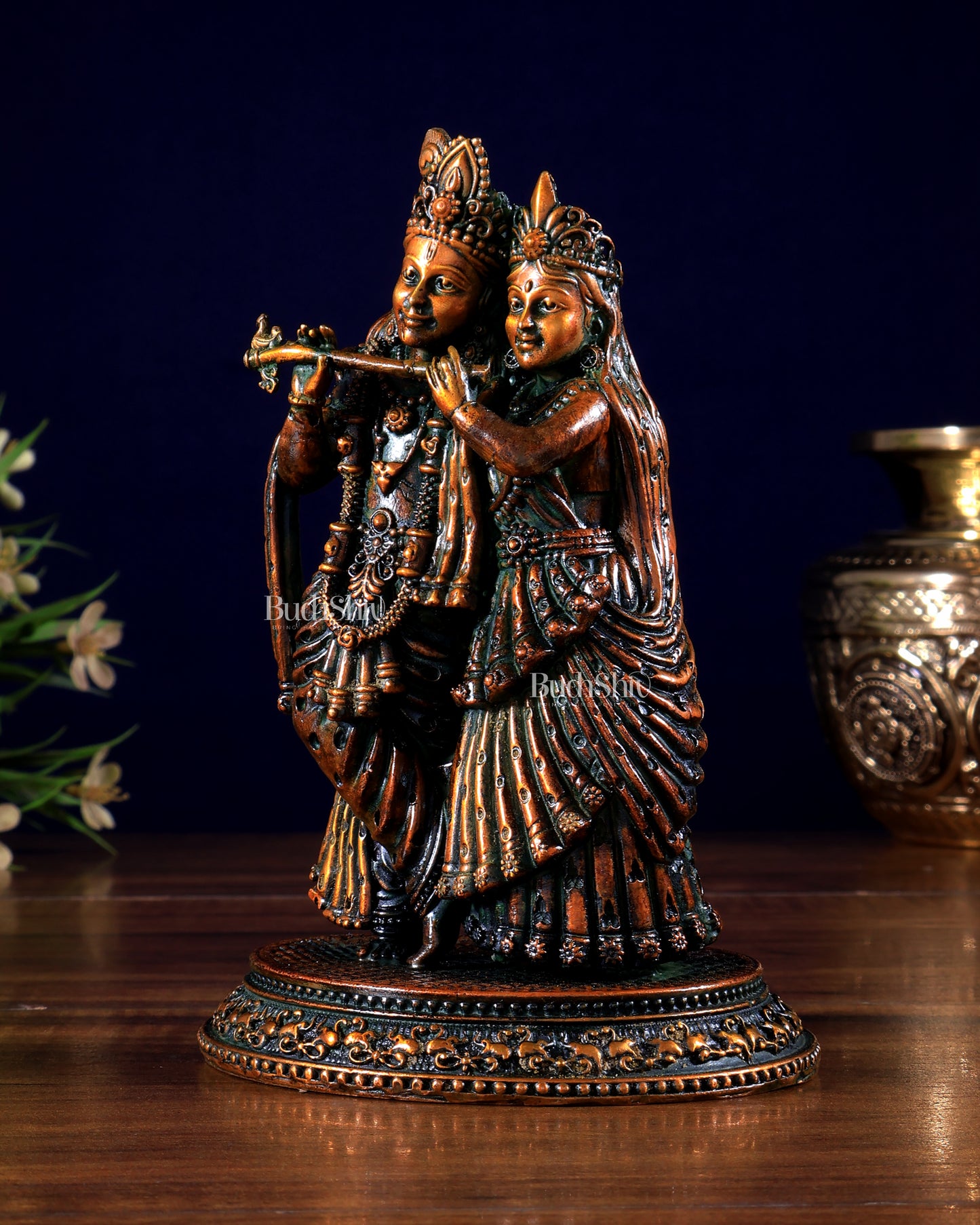 Intricate Lightweight Brass Radha Krishna Idol - 5" chola brown tone