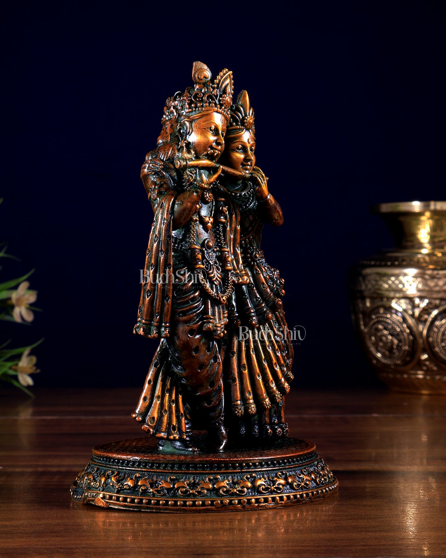 Intricate Lightweight Brass Radha Krishna Idol - 5" chola brown tone