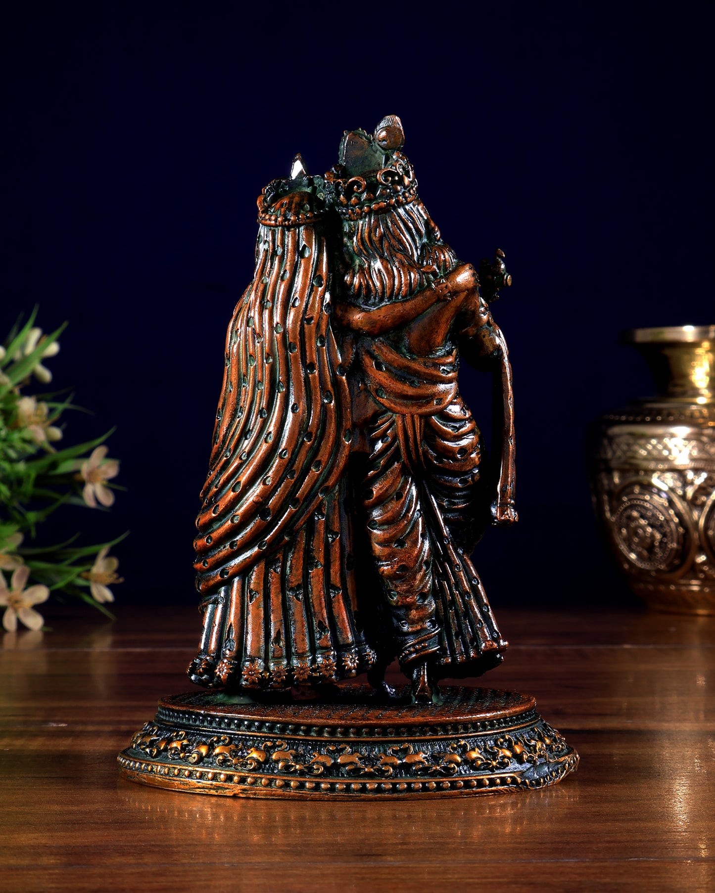 Intricate Lightweight Brass Radha Krishna Idol - 5" chola brown tone