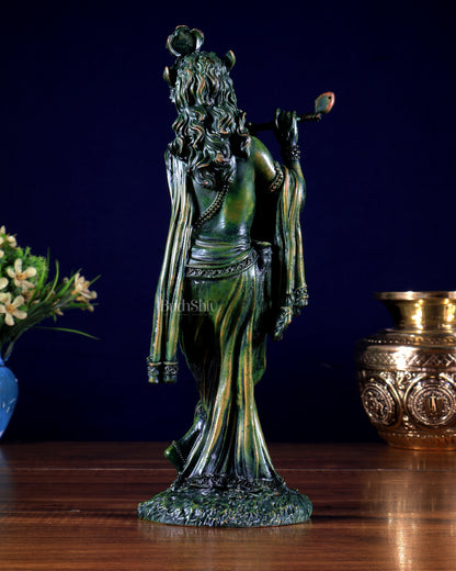 Intricate Superfine brass Lord Krishna in a green finish 10 inch