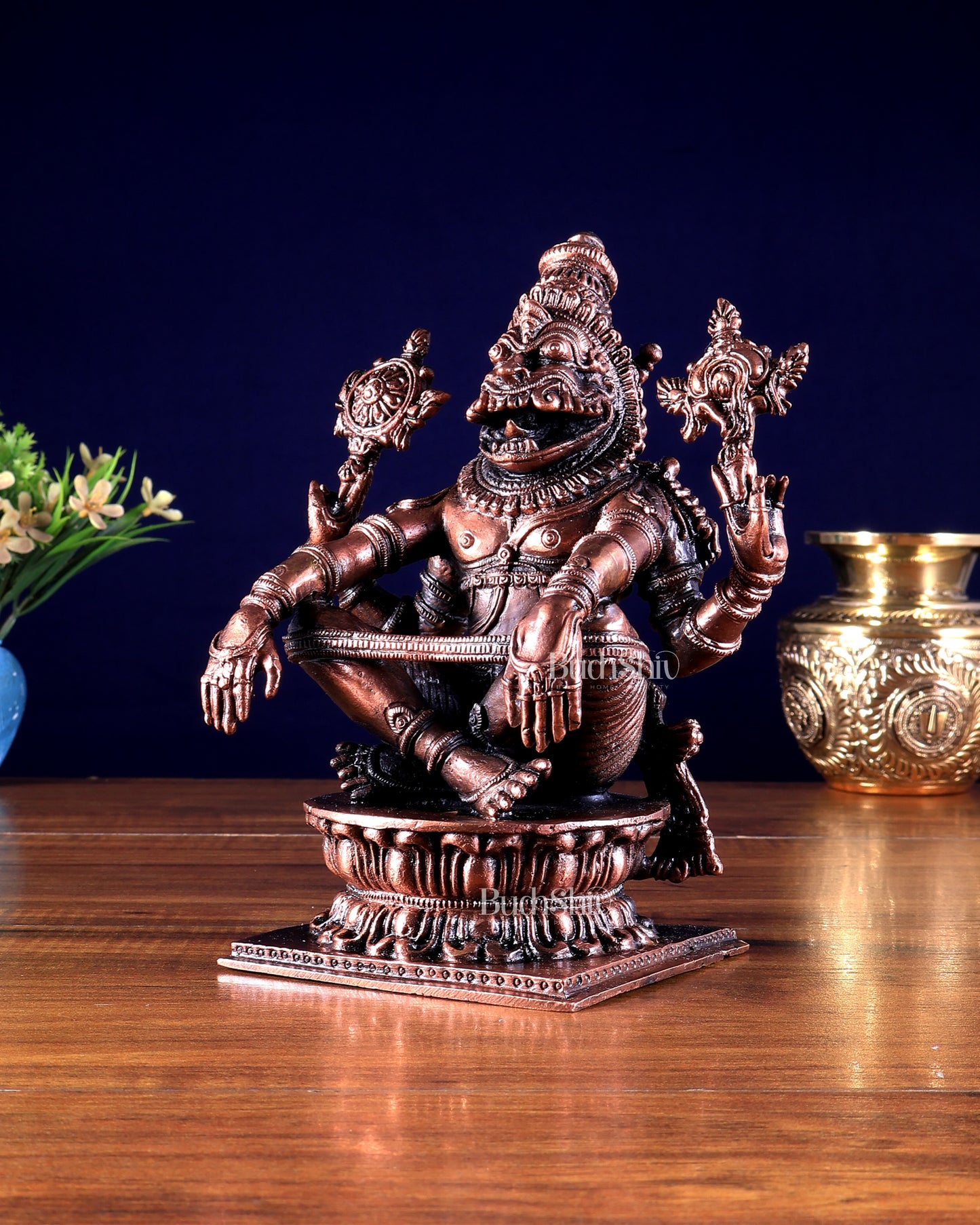 Pure Copper Solid Yoga Narasimha Idol – Large & Heavy 7.5 inch