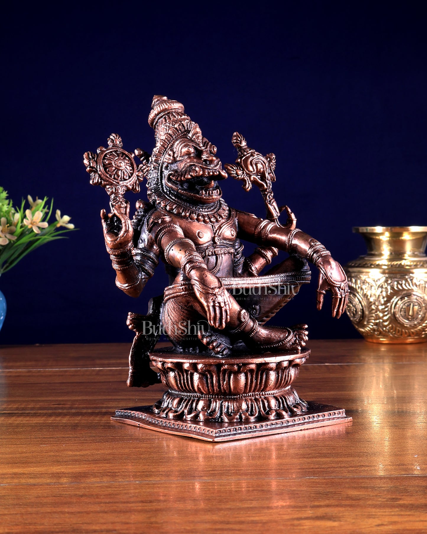 Pure Copper Solid Yoga Narasimha Idol – Large & Heavy 7.5 inch