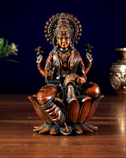 Brass Superfine Lakshmi Idol - 6 Inch lotus base brown tone