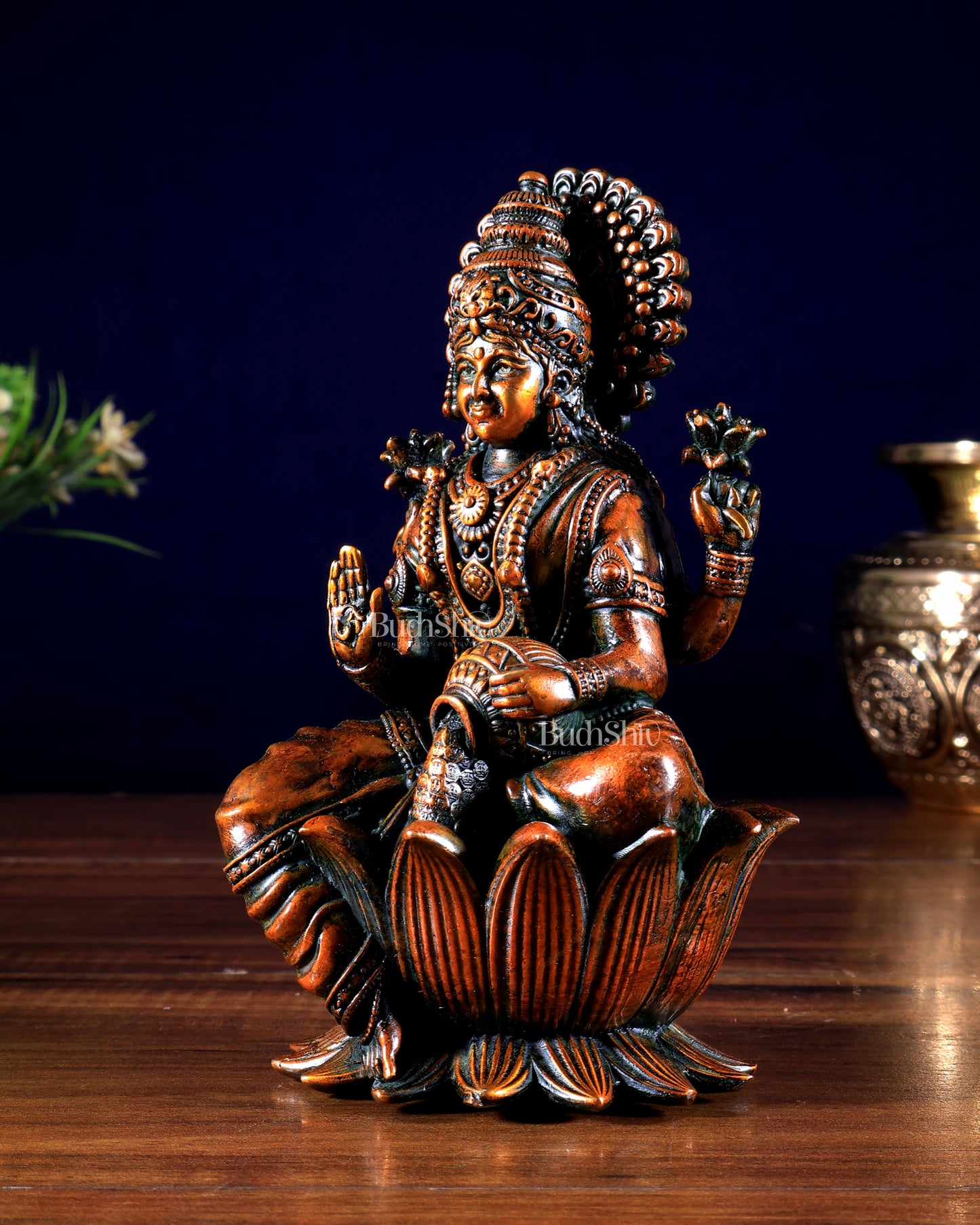 Brass Superfine Lakshmi Idol - 6 Inch lotus base brown tone