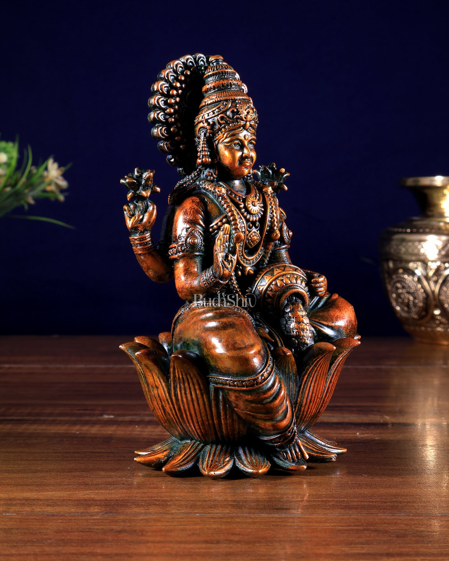 Brass Superfine Lakshmi Idol - 6 Inch lotus base brown tone