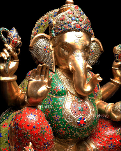 Pure Brass Ganesha Statue with Meenakari Stonework 33 inch