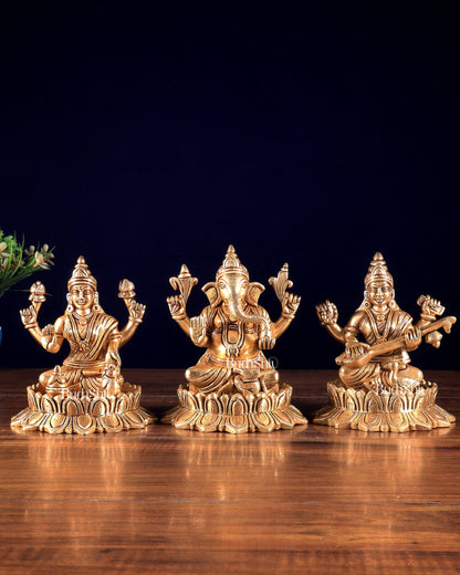 Solid Brass Ganesh Lakshmi Saraswati on Lotus Idols – Perfect for Pooja Rooms 6 inch