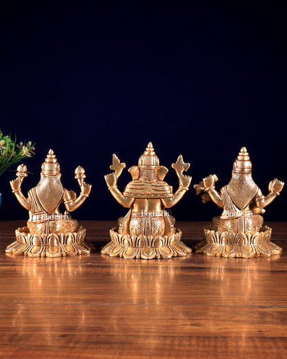 Solid Brass Ganesh Lakshmi Saraswati on Lotus Idols – Perfect for Pooja Rooms 6 inch