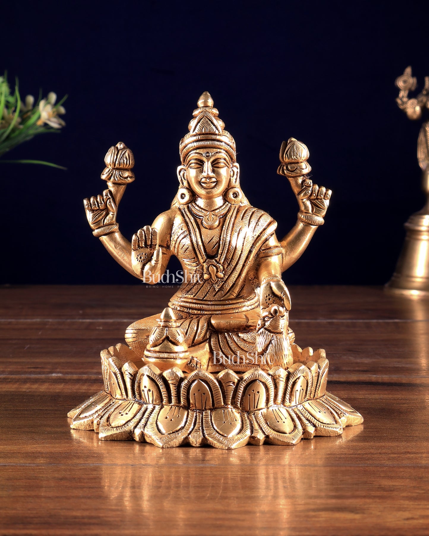 Pure Brass Ganesh Lakshmi on Lotus Idols – Divine Prosperity Duo for Pooja Rooms 6 inch