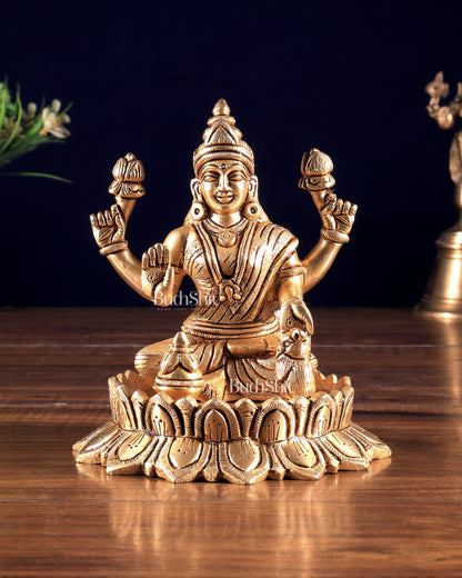 Pure Brass Ganesh Lakshmi on Lotus Idols – Divine Prosperity Duo for Pooja Rooms 6 inch