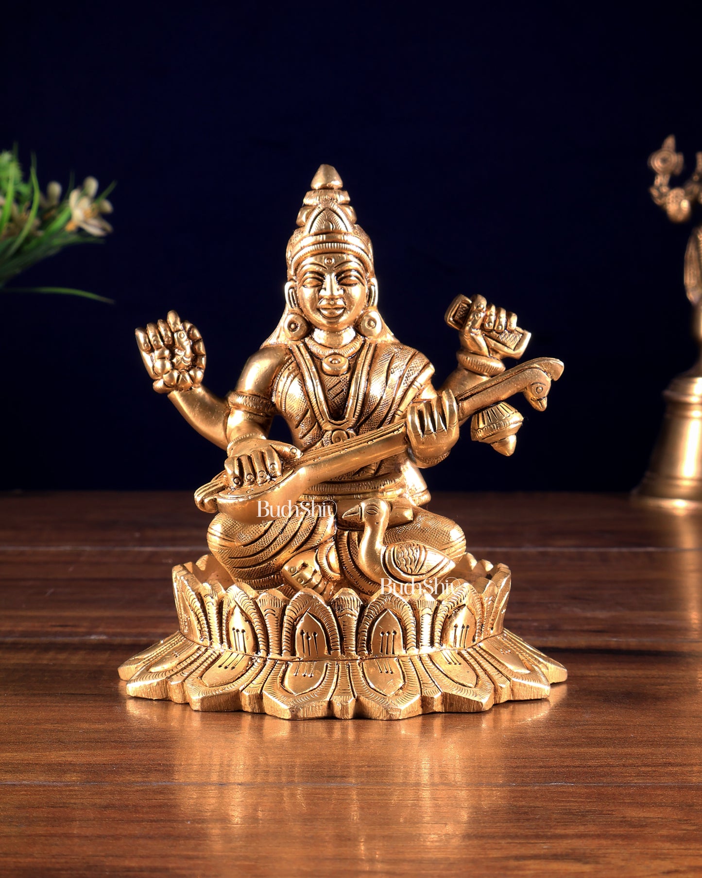 Solid Brass Ganesh Lakshmi Saraswati on Lotus Idols – Perfect for Pooja Rooms 6 inch