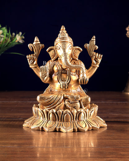 Pure Brass Ganesh Lakshmi on Lotus Idols – Divine Prosperity Duo for Pooja Rooms 6 inch