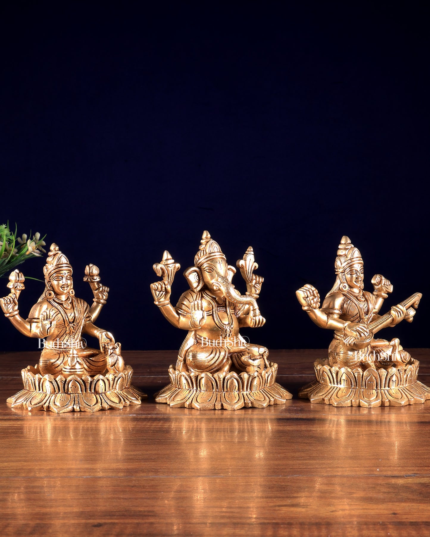 Solid Brass Ganesh Lakshmi Saraswati on Lotus Idols – Perfect for Pooja Rooms 6 inch