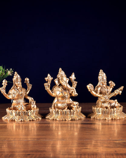 Solid Brass Ganesh Lakshmi Saraswati on Lotus Idols – Perfect for Pooja Rooms 6 inch