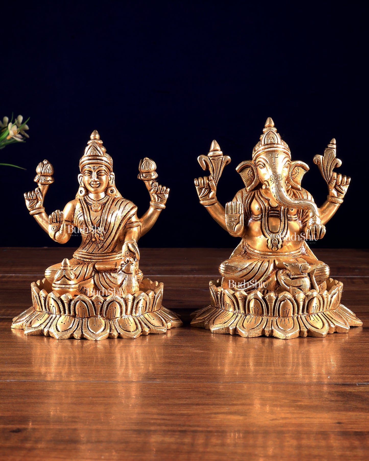 Pure Brass Ganesh Lakshmi on Lotus Idols – Divine Prosperity Duo for Pooja Rooms 6 inch