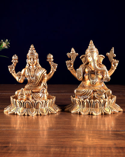 Pure Brass Ganesh Lakshmi on Lotus Idols – Divine Prosperity Duo for Pooja Rooms 6 inch