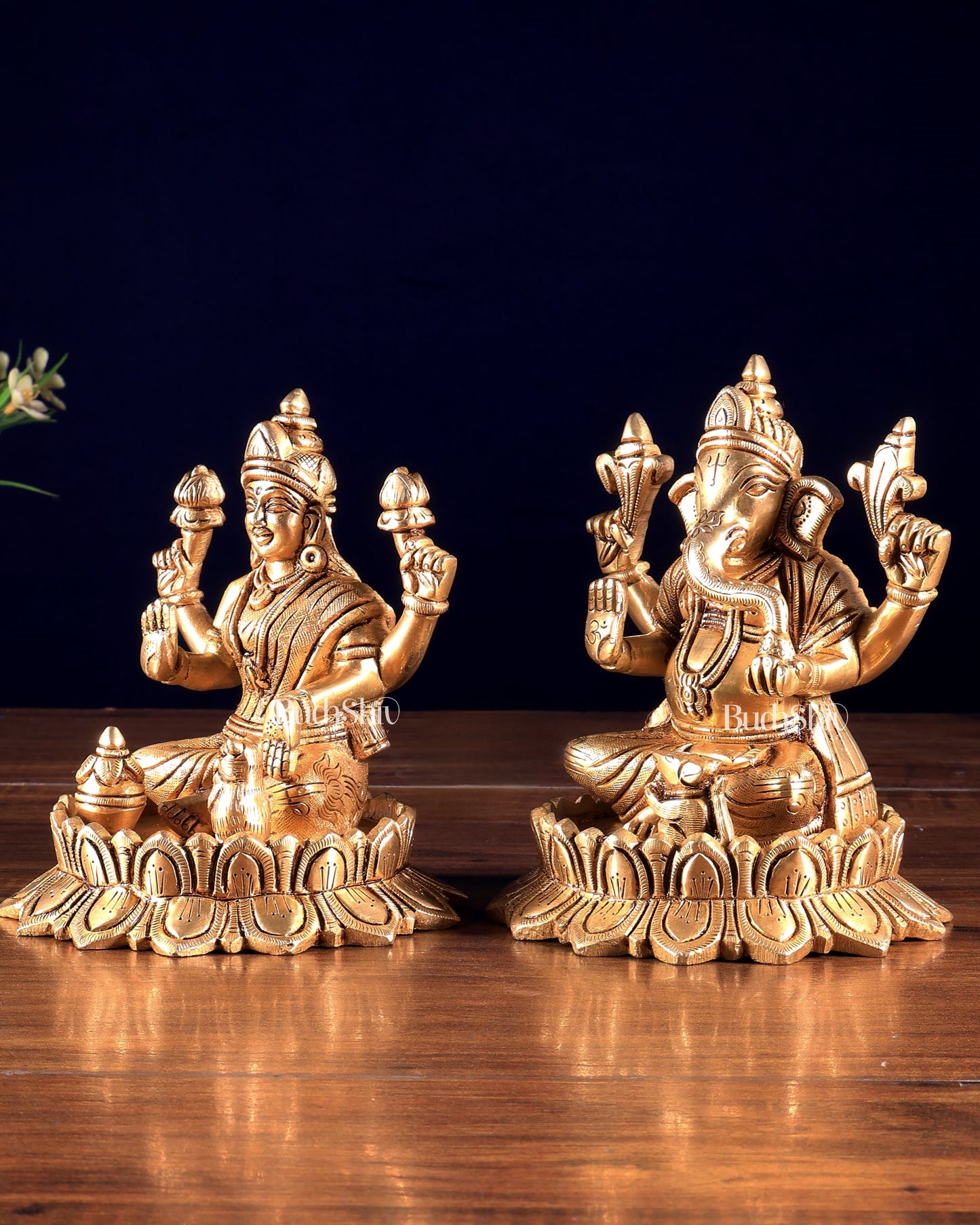 Pure Brass Ganesh Lakshmi on Lotus Idols – Divine Prosperity Duo for Pooja Rooms 6 inch