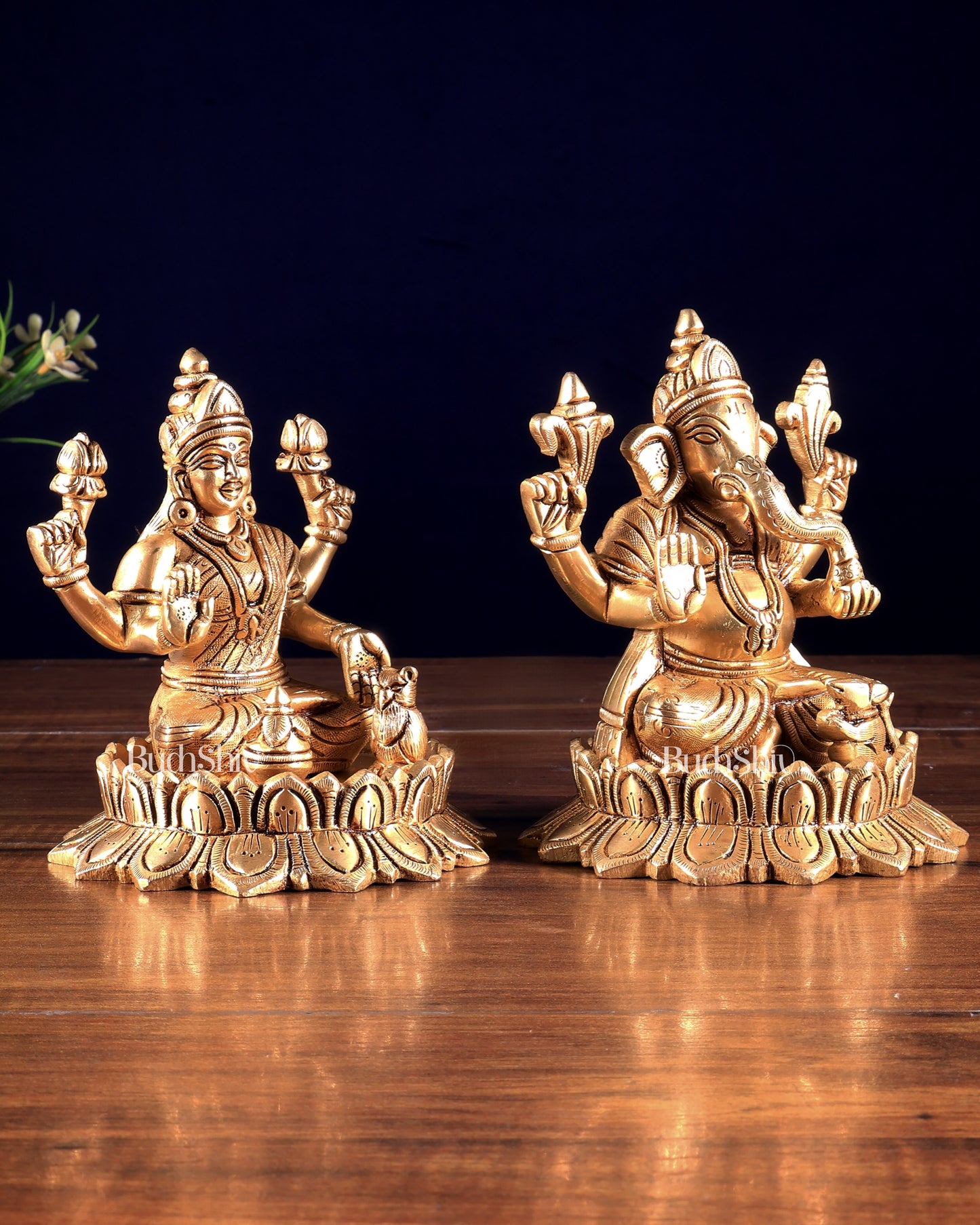 Pure Brass Ganesh Lakshmi on Lotus Idols – Divine Prosperity Duo for Pooja Rooms 6 inch