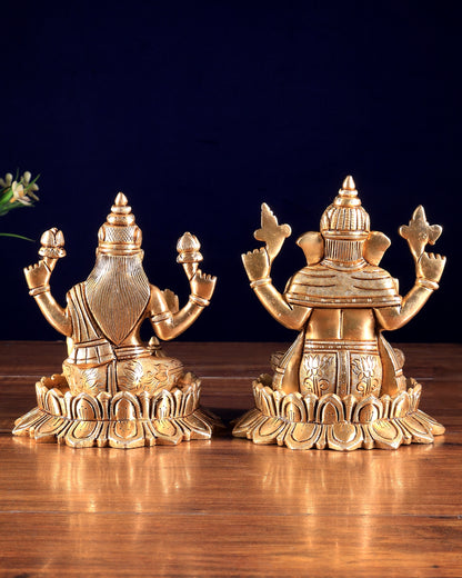Pure Brass Ganesh Lakshmi on Lotus Idols – Divine Prosperity Duo for Pooja Rooms 6 inch