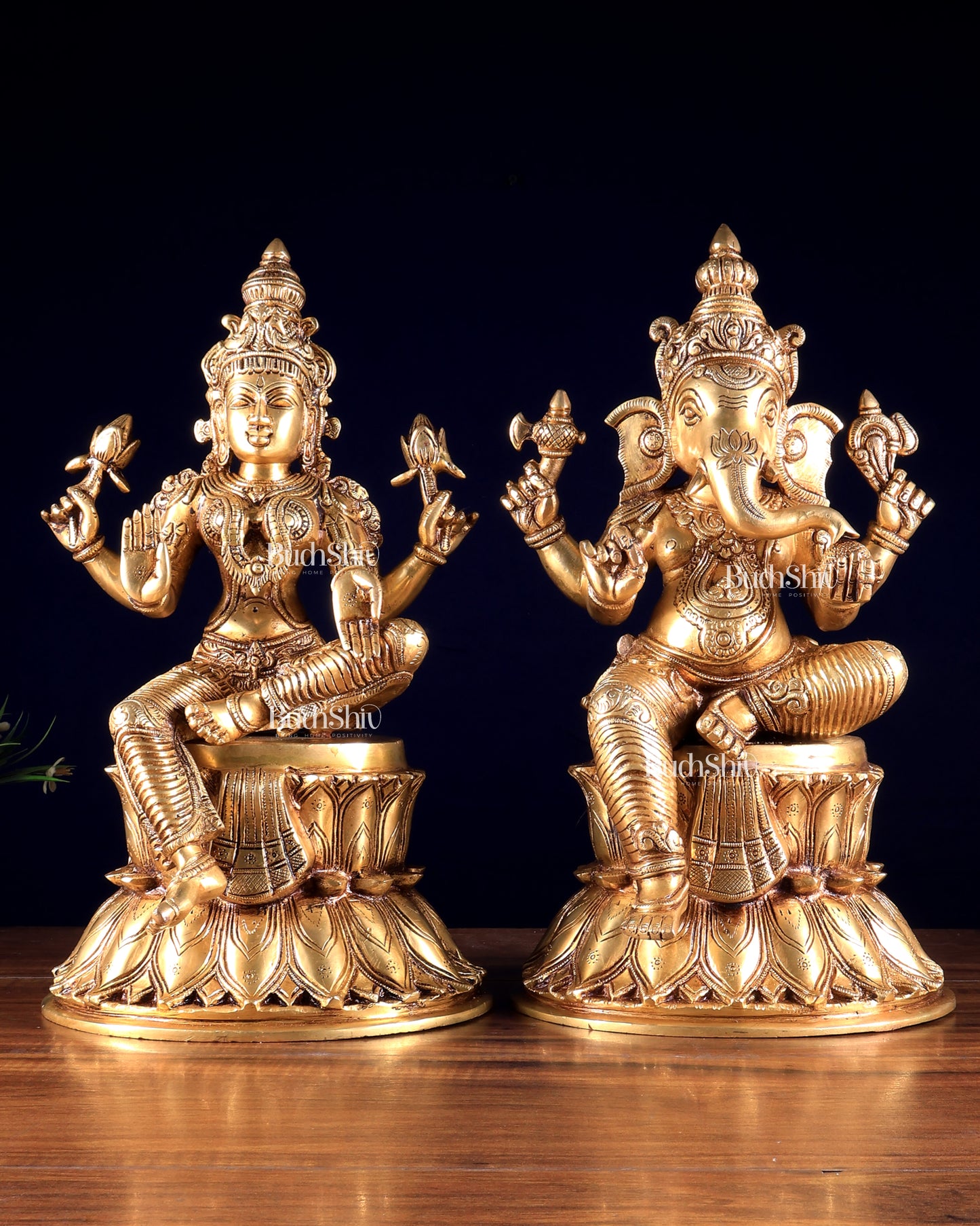 Pure Brass Ganesh Lakshmi on Lotus Idols – Divine Prosperity Duo for Home Temple 15 inch