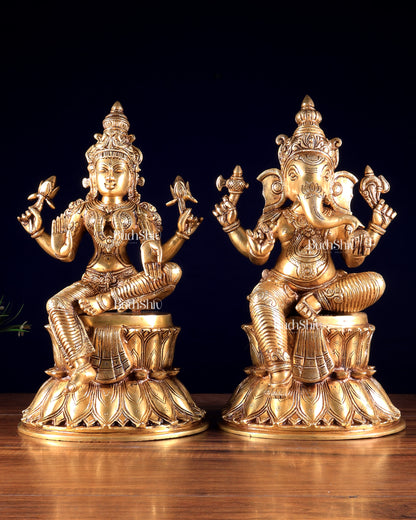 Pure Brass Ganesh Lakshmi on Lotus Idols – Divine Prosperity Duo for Home Temple 15 inch