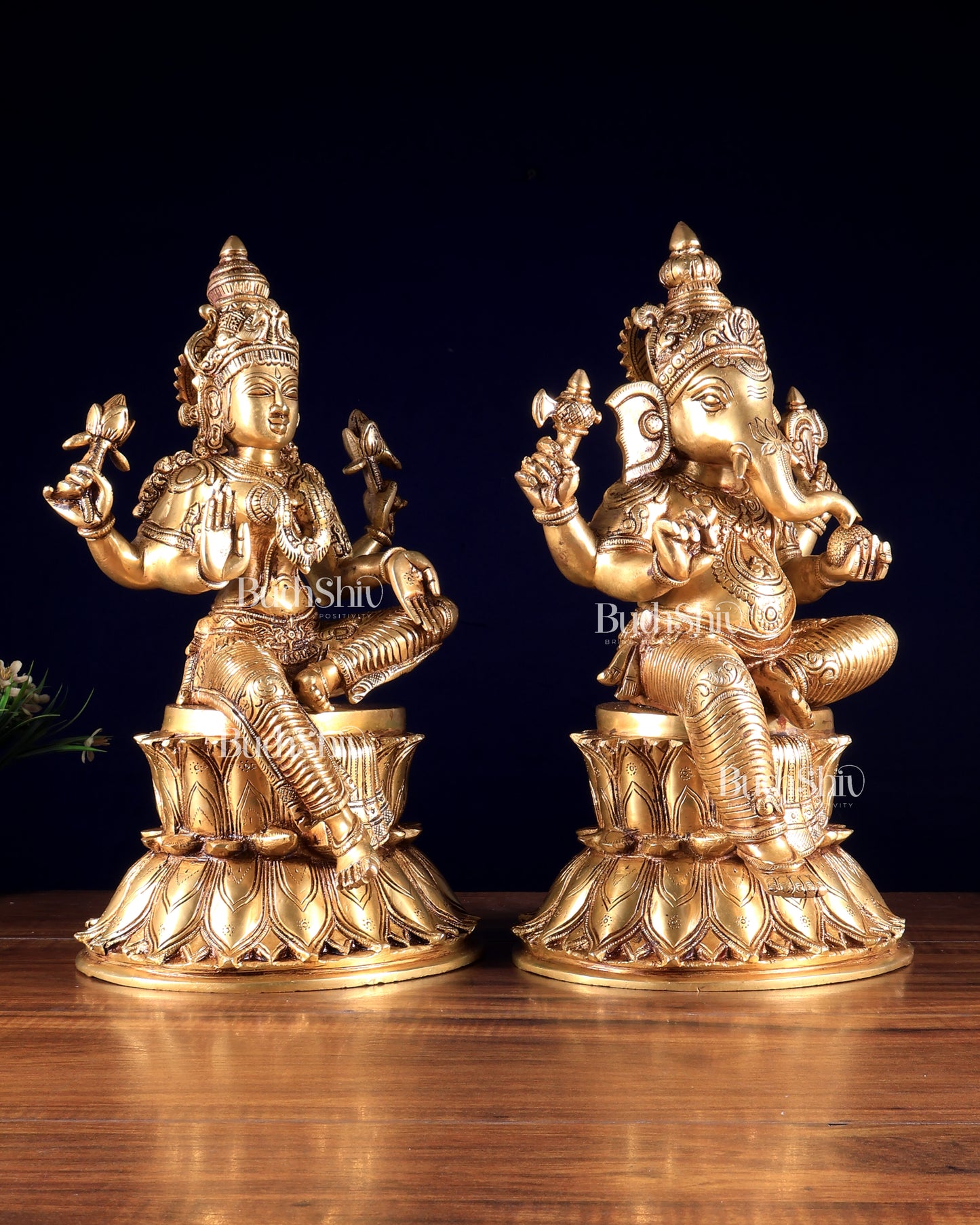 Pure Brass Ganesh Lakshmi on Lotus Idols – Divine Prosperity Duo for Home Temple 15 inch