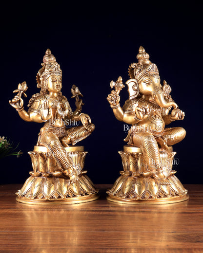 Pure Brass Ganesh Lakshmi on Lotus Idols – Divine Prosperity Duo for Home Temple 15 inch
