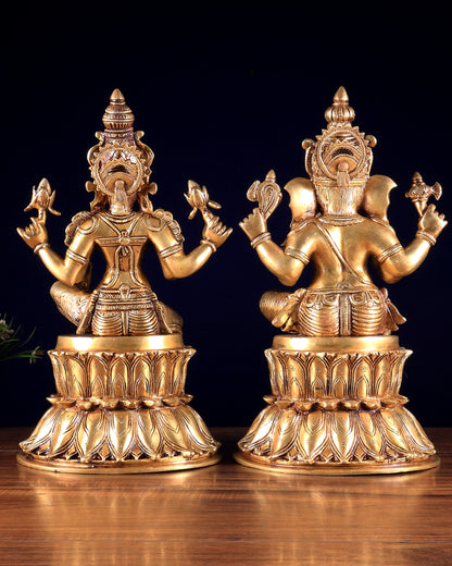 Pure Brass Ganesh Lakshmi on Lotus Idols – Divine Prosperity Duo for Home Temple 15 inch