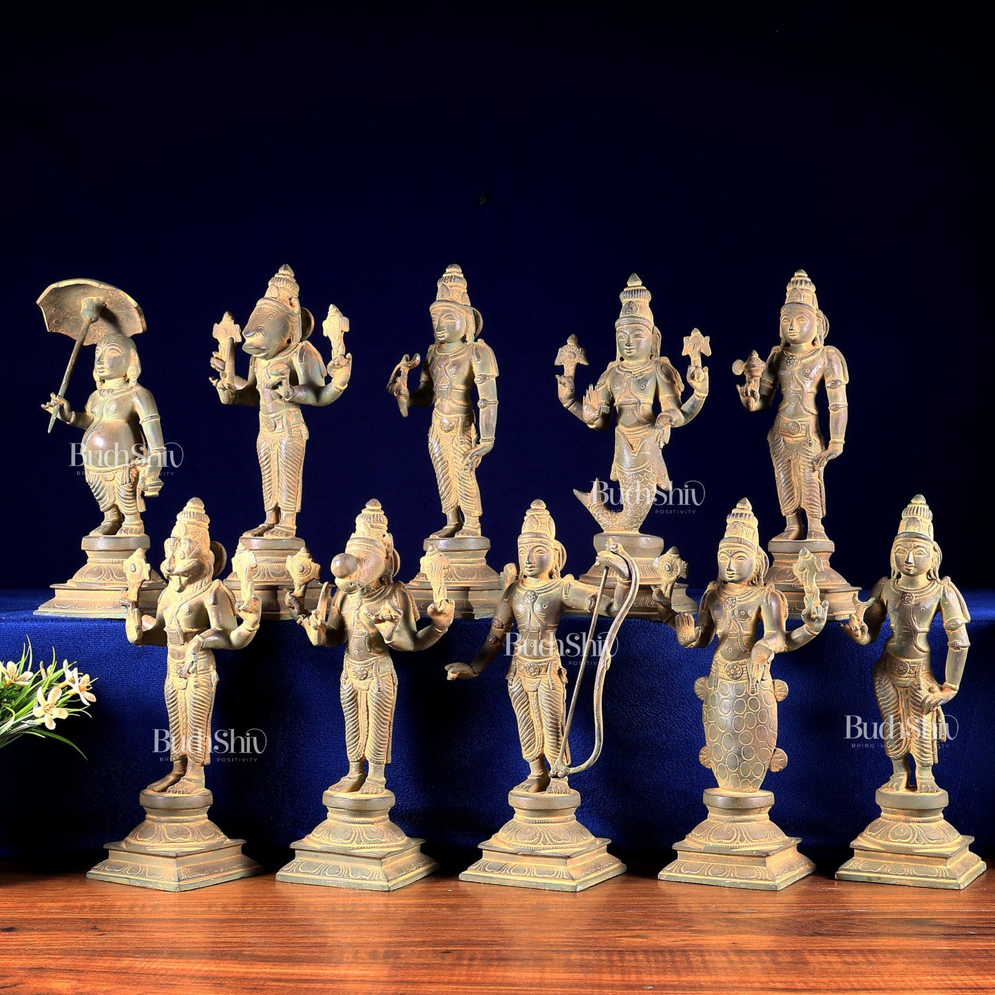 Brass Vishnu Dashavatar Idols vintage patina tone 10 inch
