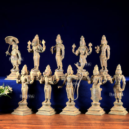 Brass Vishnu Dashavatar Idols vintage patina tone 10 inch