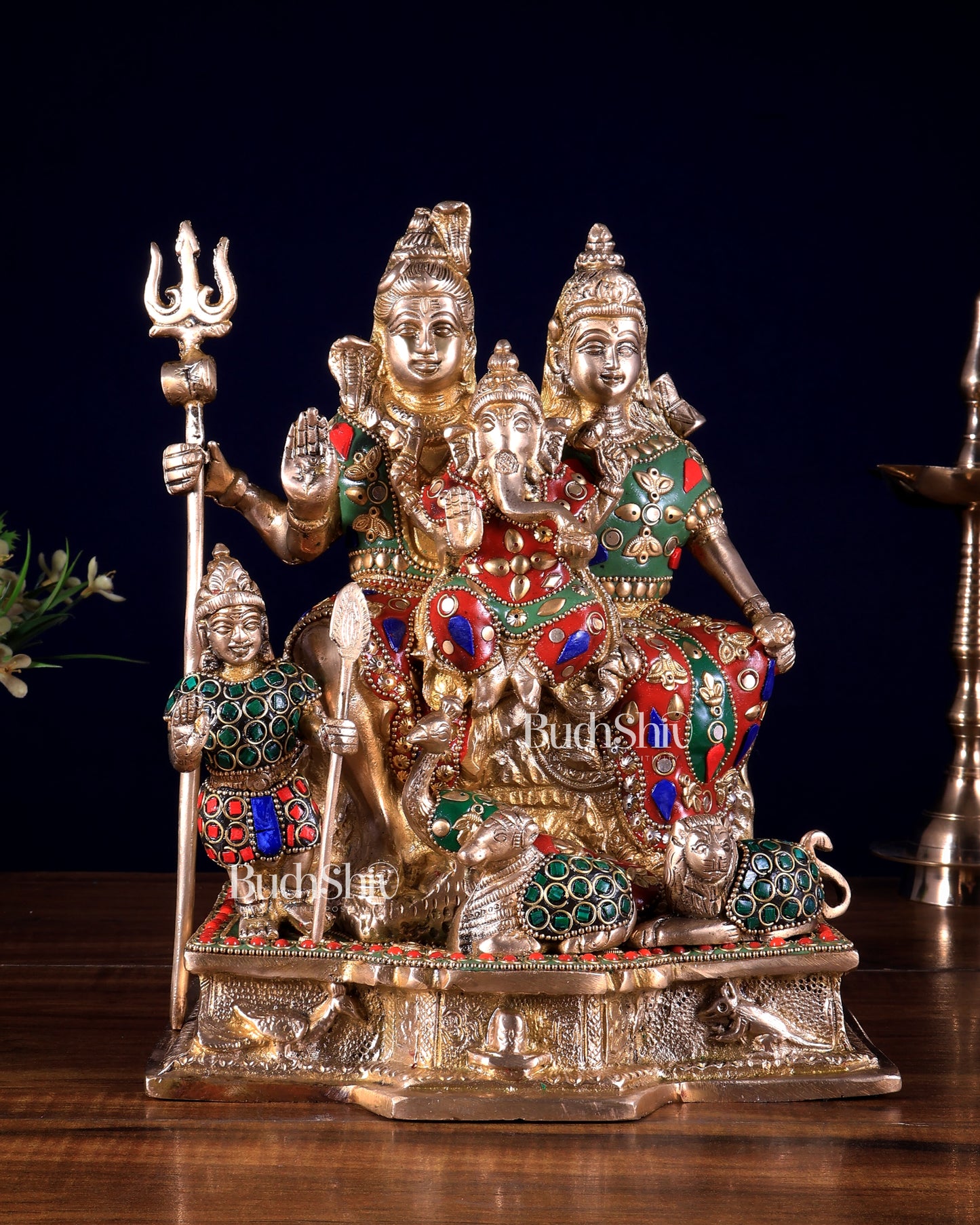 Pure Brass Complete Shiv Parivar Idol - 10 Inch with meenakari