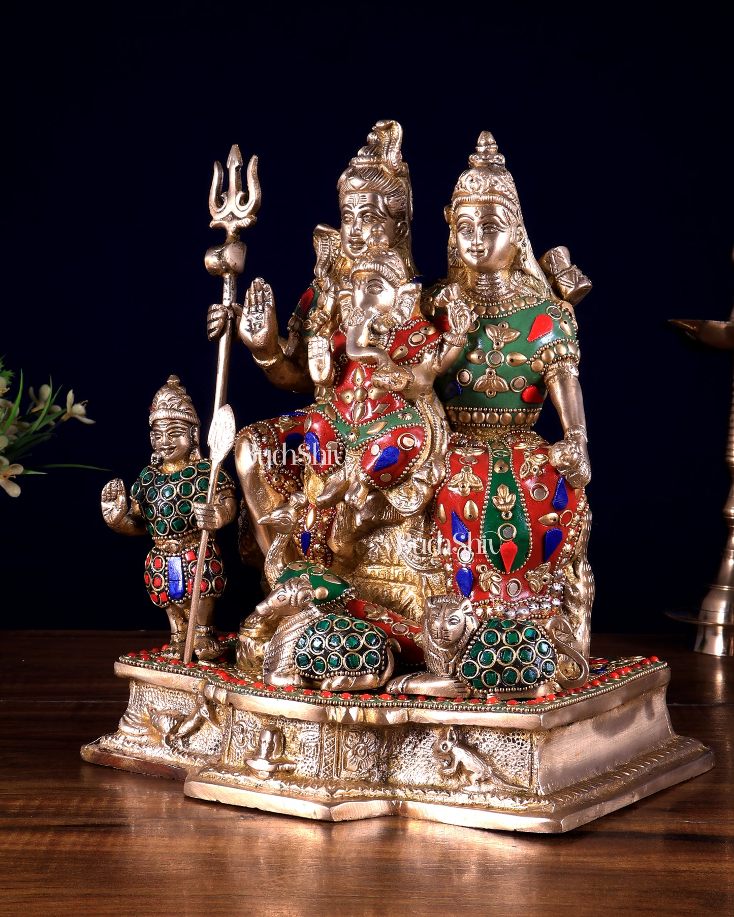 Pure Brass Complete Shiv Parivar Idol - 10 Inch with meenakari