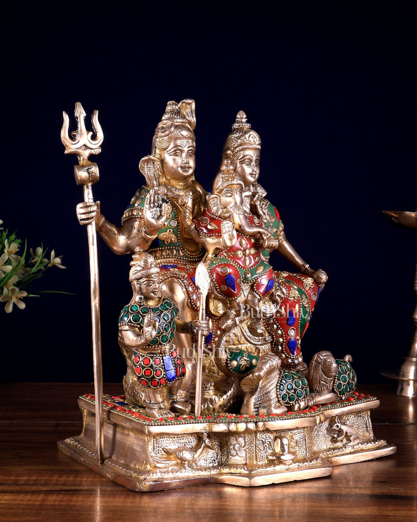 Pure Brass Complete Shiv Parivar Idol - 10 Inch with meenakari