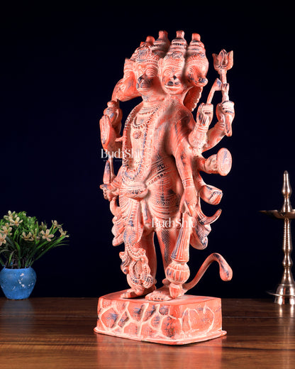 Brass standing Panchmukhi Hanuman Statue  - 17.5 Inch vintage pink patina