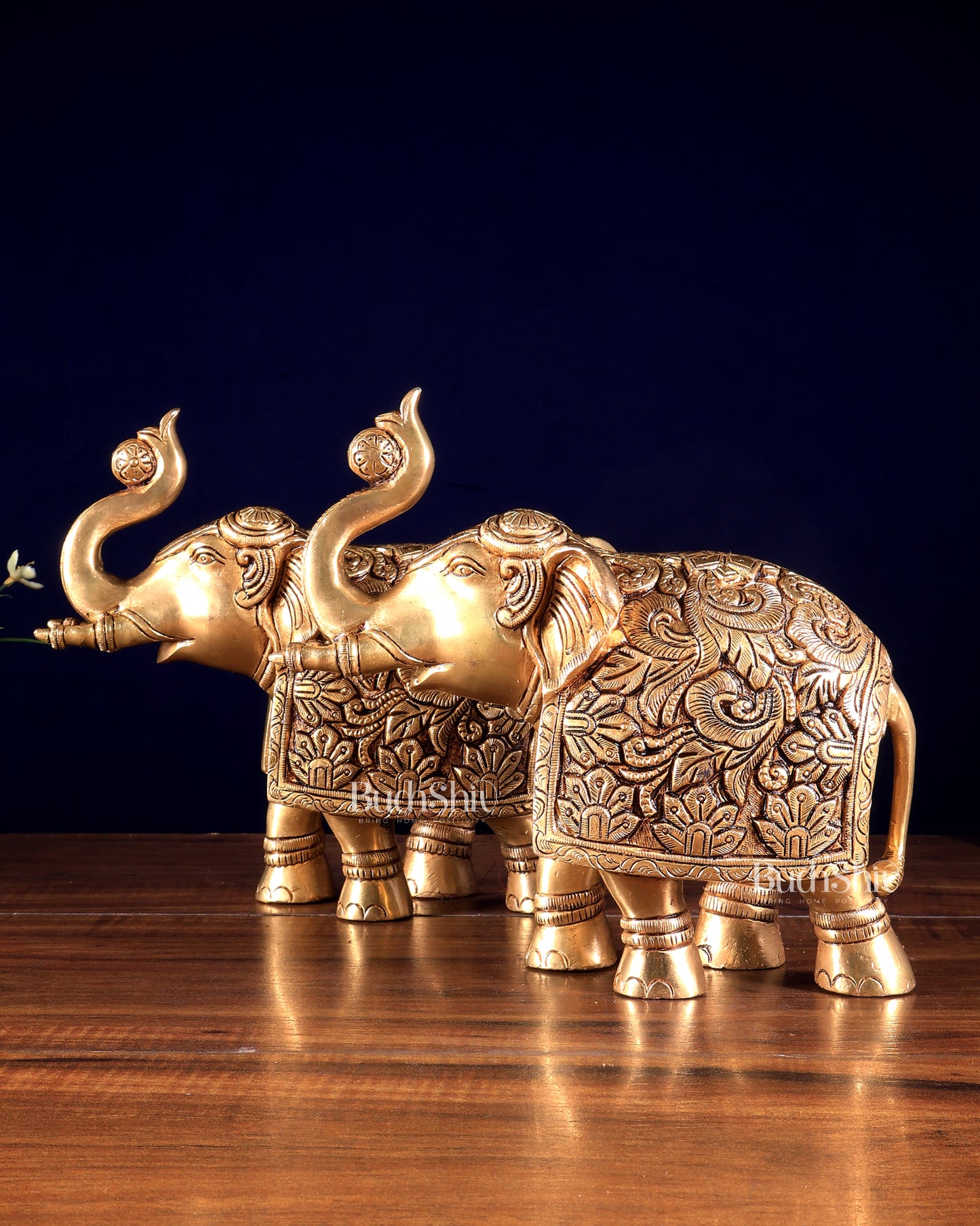 Brass Engraved elephant Statue table accent 7" pair