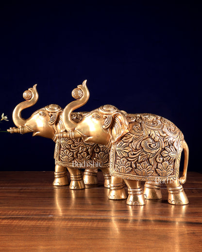 Brass Engraved elephant Statue table accent 7" pair