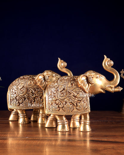 Brass Engraved elephant Statue table accent 7" pair