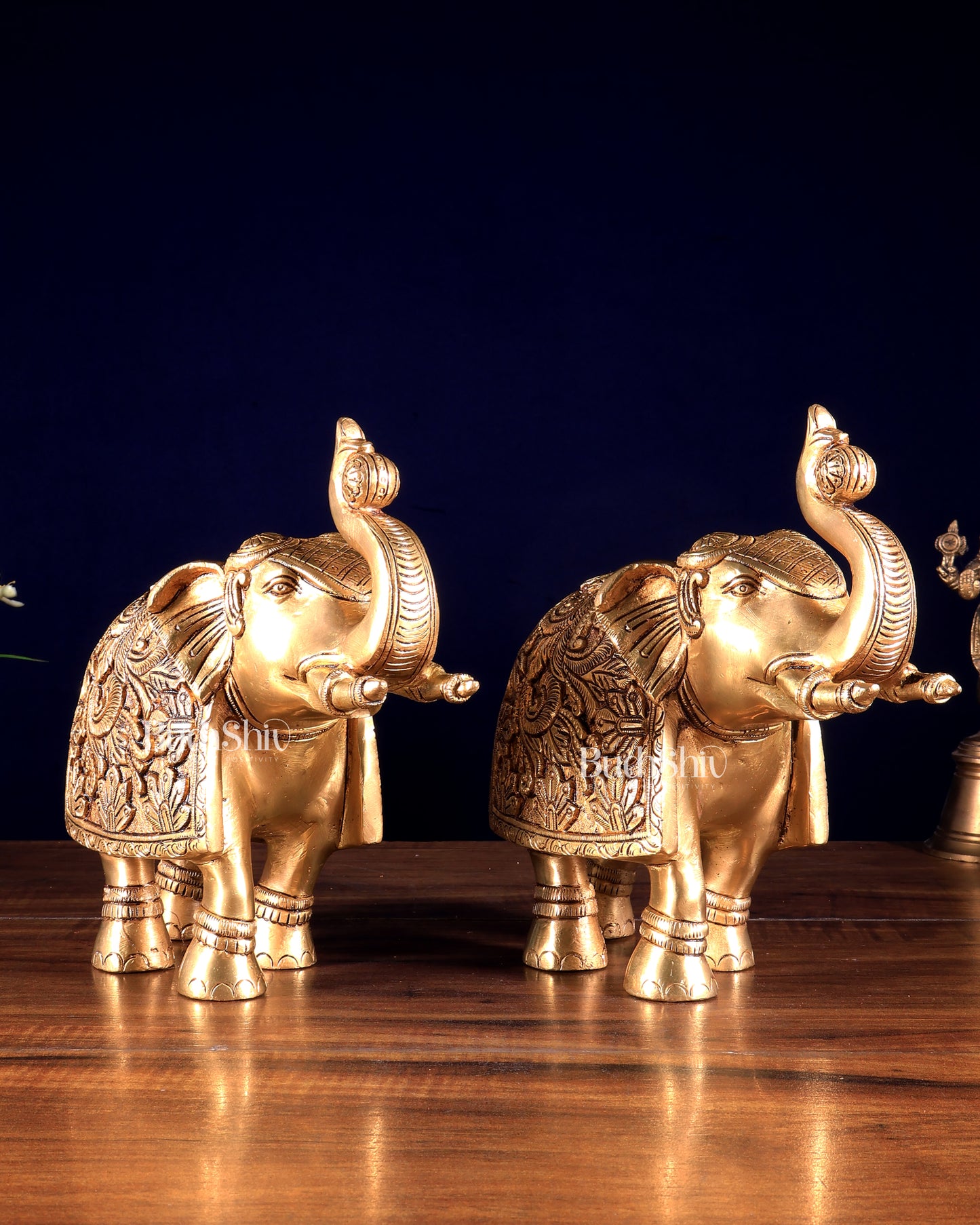 Brass Engraved elephant Statue table accent 7" pair