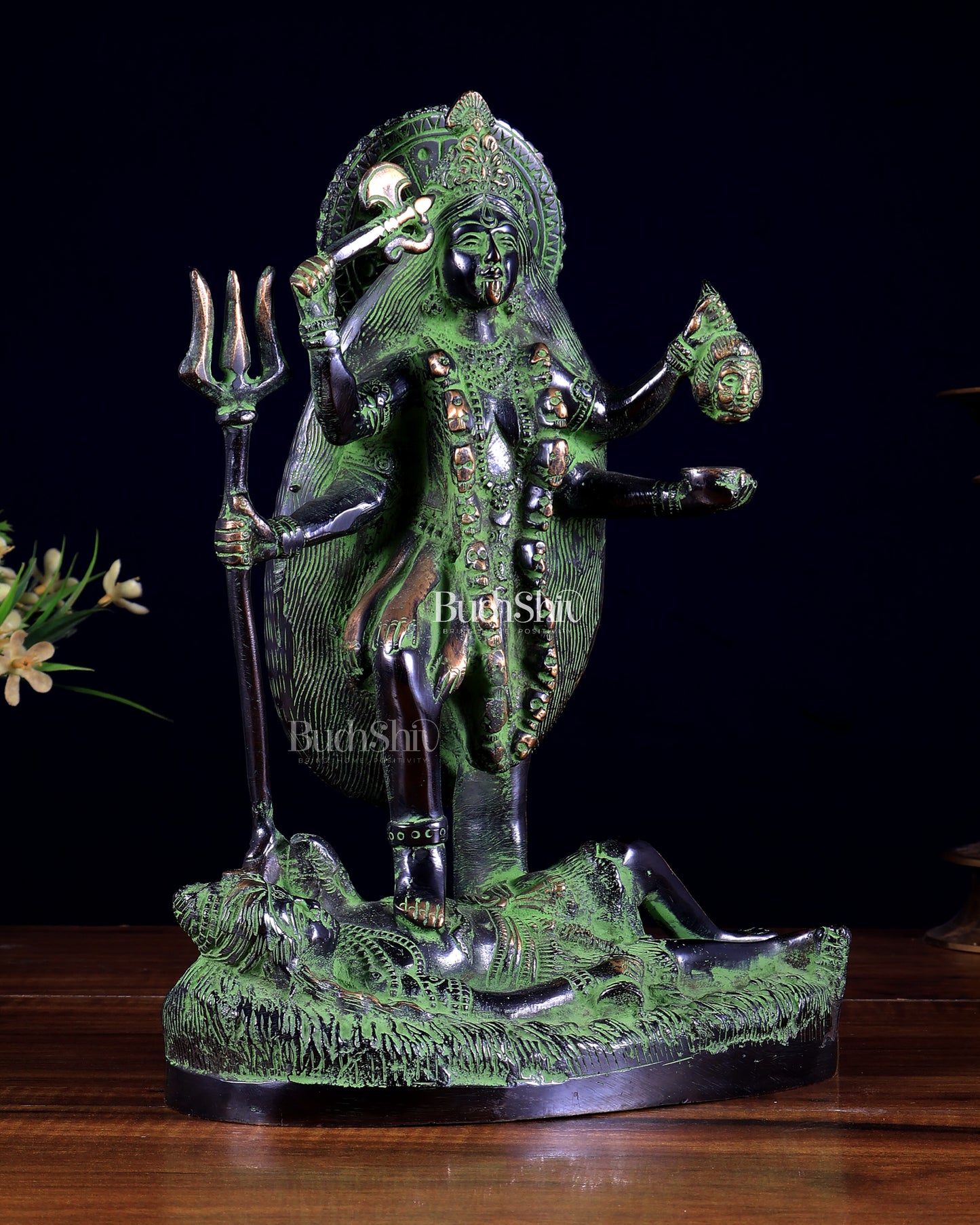 Pure Brass Goddess Kali Four-Armed Charbhuja Statue – Black Green Patina Finish 10.5 inch