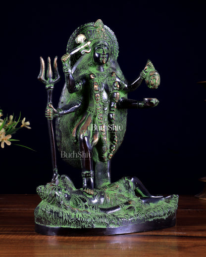 Pure Brass Goddess Kali Four-Armed Charbhuja Statue – Black Green Patina Finish 10.5 inch