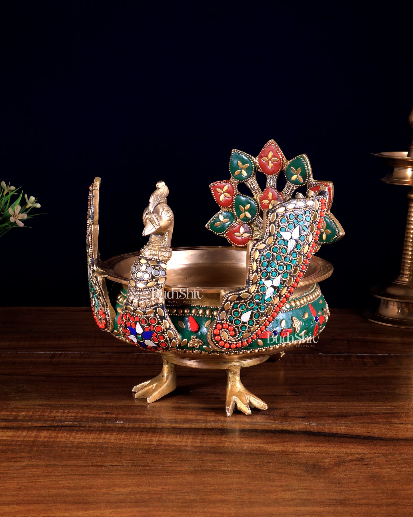 Brass Peacock Shaped Urli Bowl with Stonework