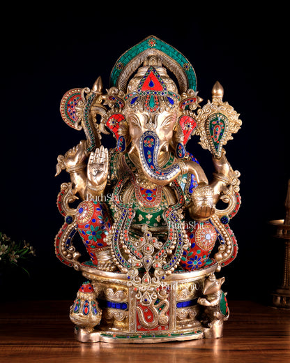 Superfine Handcrafted Brass Ganesha Statue 23 inch floral stonework