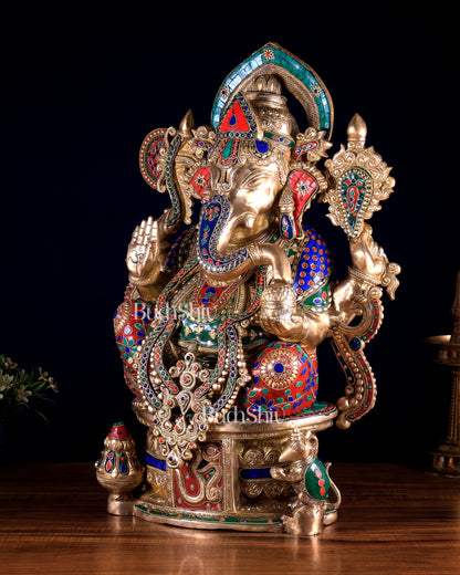 Superfine Handcrafted Brass Ganesha Statue 23 inch floral stonework