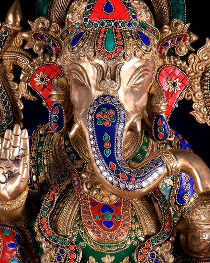 Superfine Handcrafted Brass Ganesha Statue 23 inch floral stonework