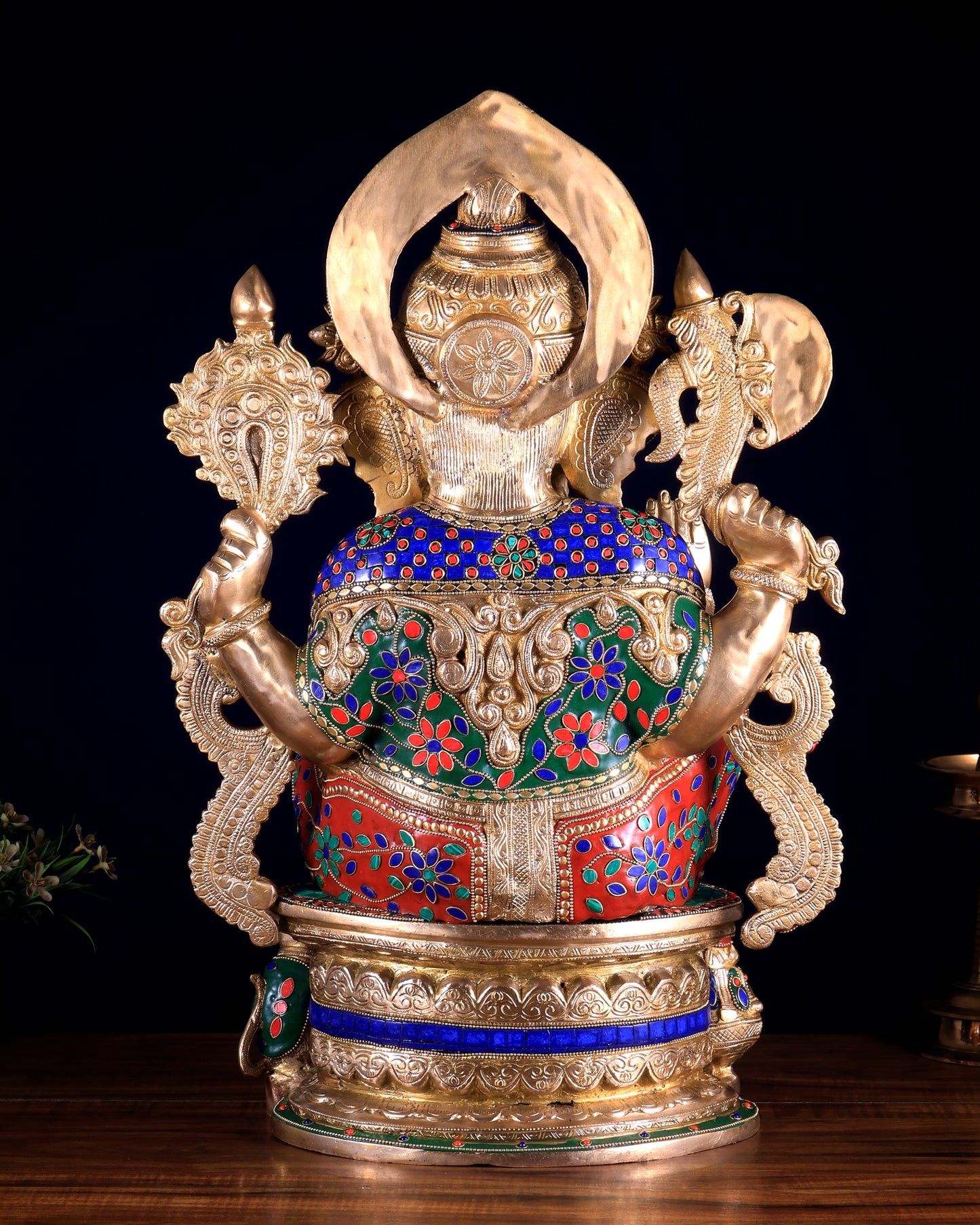 Superfine Handcrafted Brass Ganesha Statue 23 inch floral stonework