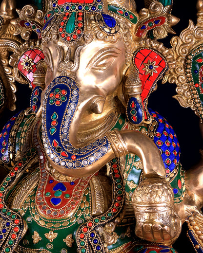 Superfine Handcrafted Brass Ganesha Statue 23 inch floral stonework