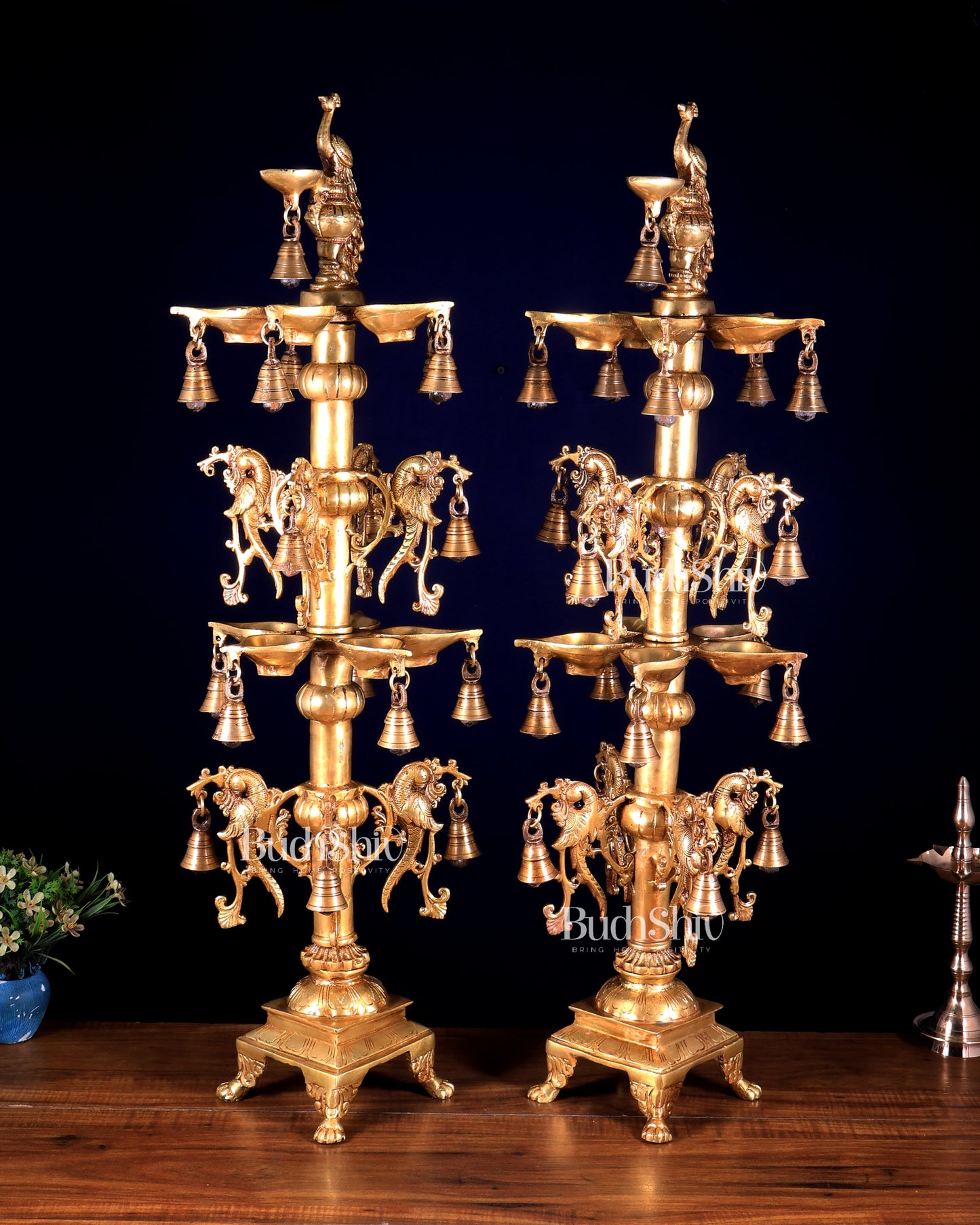 Pair of Tall Brass Peacock Lamps – Traditional Temple Samai 31 inch