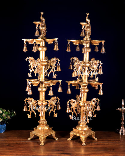 Pair of Tall Brass Peacock Lamps – Traditional Temple Samai 31 inch